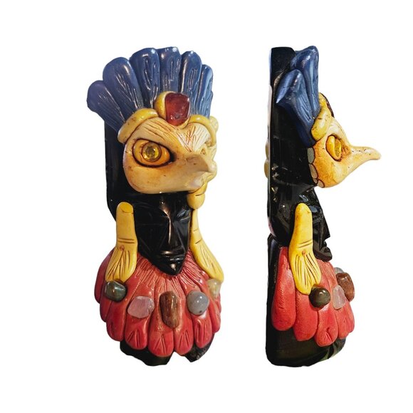 Vintage 1970's Obsidian Aztec Warrior Eagle Headdress with Semi Precious Stones - Picture 2 of 3